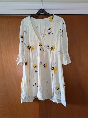 Free People Cream Mini Dress with Yellow Floral Print Boho Floaty